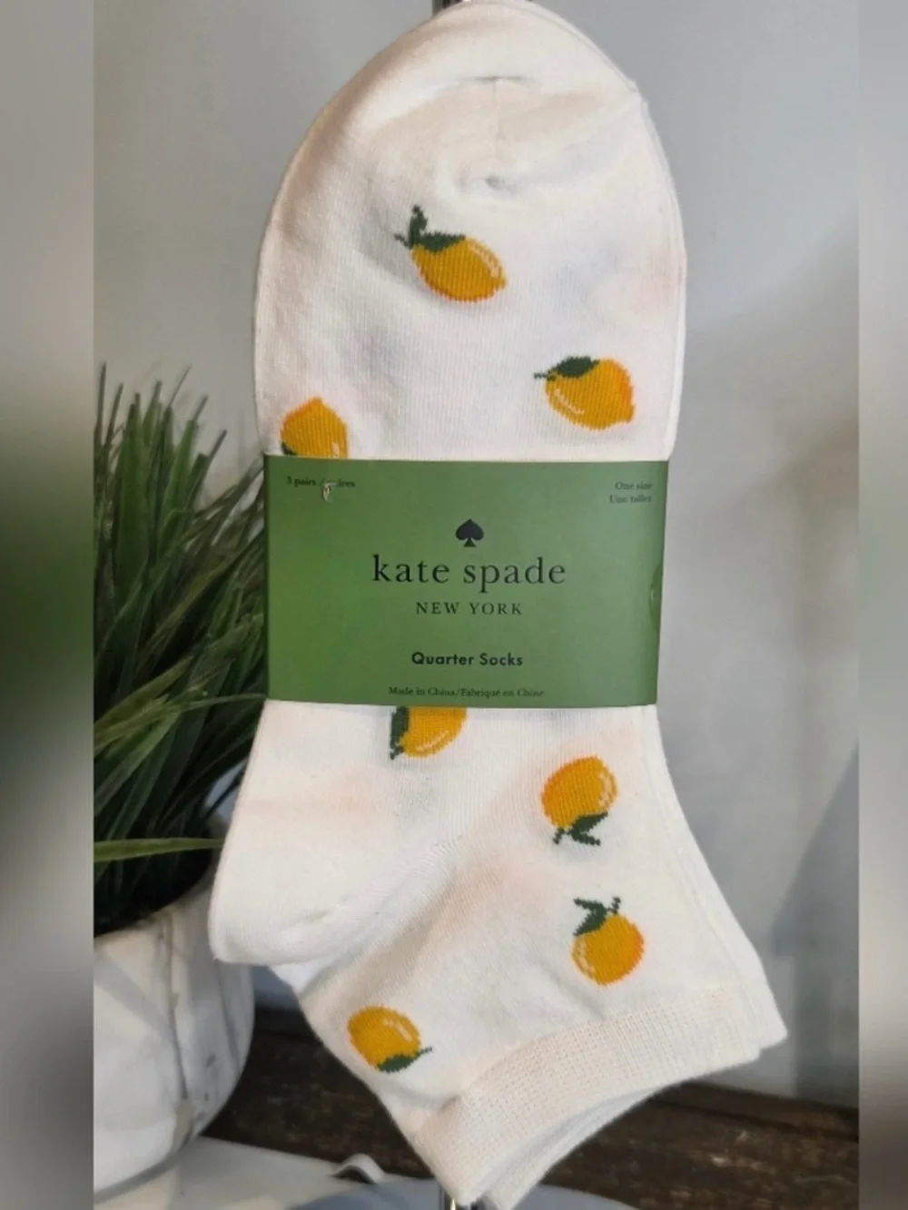 KATE SPADE Quarter Socks Pk Of 3 - Lemon Print, White and Grey